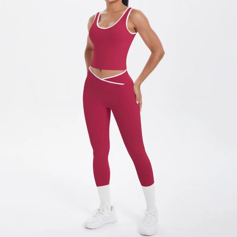 

New Women's Naked Tight Back Sports Vest Yoga Dress Cross High Waist Hip Lifting Pants Set Outdoor Running Fitness Clothing