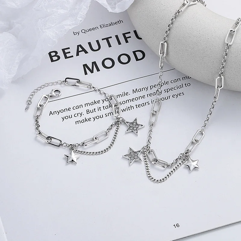 BOCAI New S925 Sterling Silver Jewelry Stylish Temperament Diamond Studded Pentagram Bracelet Necklace Women's Selected Gift
