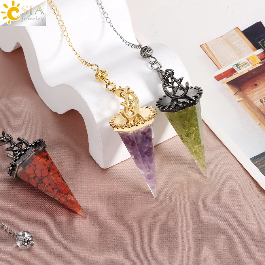 Esoterics 7 Chakra Pendulum Crescent Moon Star Natural Stone Aquamarine Chip Crystal Resin Pendulums Pendulos Divination H369