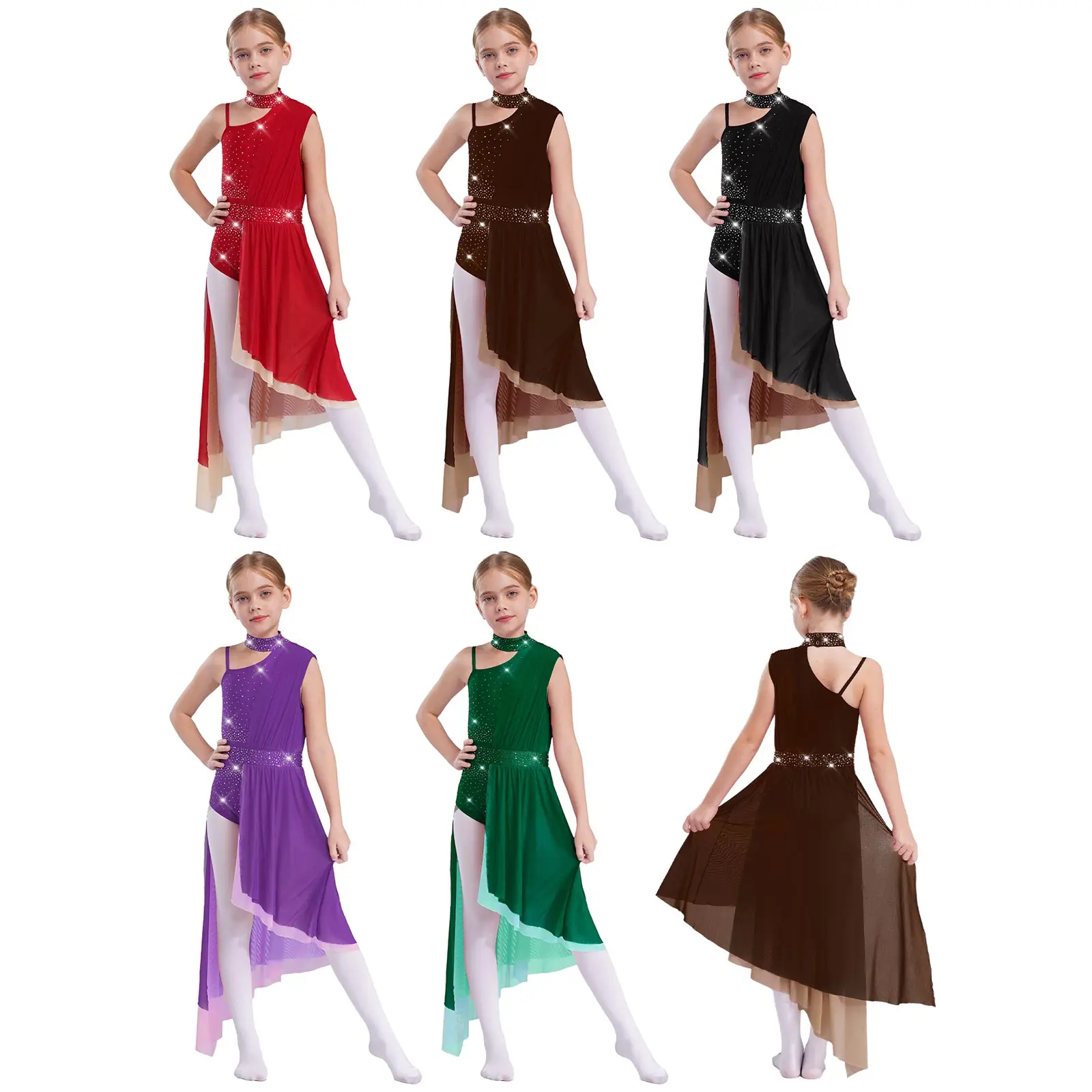 Costumes de danse de patinage artistique pour filles, sans manches, dos découpé, justaucorps de Jazz, jupe en maille transparente, tenue pour la pratique du Ballet