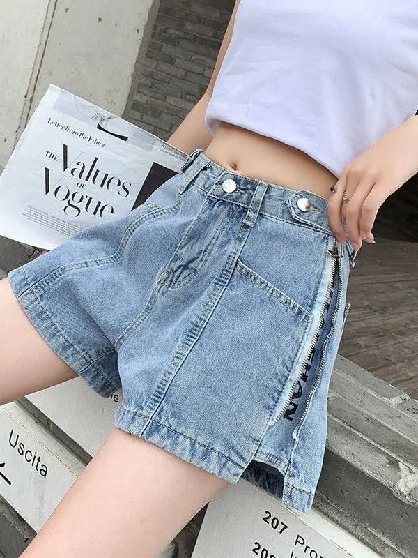 Summer New High Waist A-Line Denim Shorts Women's Casual Wide Leg Zipper Hot Pants Korean Style Versatile Loose Straight Cut