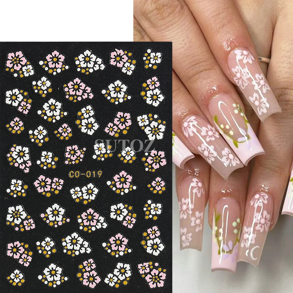 Fiori bianchi adesivi per unghie petalo rosa stelle cuore Bowknot cursori per unghie francese Y2K Design decorazioni per Manicure 3D GLCO-019