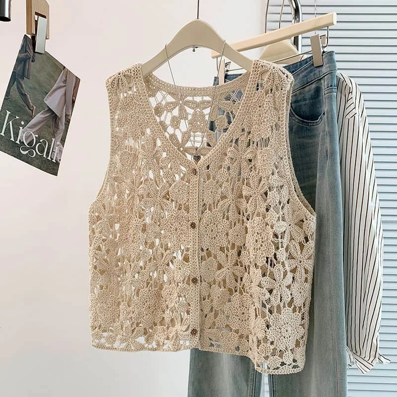 Women Tank Tops Solid Chic Gothic V-neck Sunscreen Crop Tops Casual Korean Style Crochet Smock Sleeveless 2026 Summer Clothing