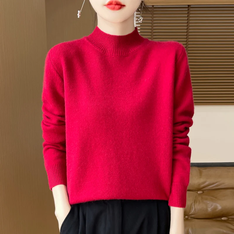 سترة محبوكة من One Line نصف ارتفاع 100% Andy Velvet للنساء للخريف والشتاء، نمط أساسي فضفاض بأكمام طويلة GH79