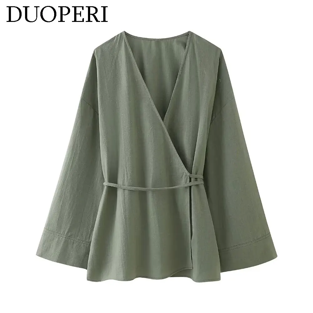 DUOPERI Women Fashion Loose Kimono Blouse V-Neck Long Puff Sleeves Feamle Chic Lady Casual Vintage Tops Shirt