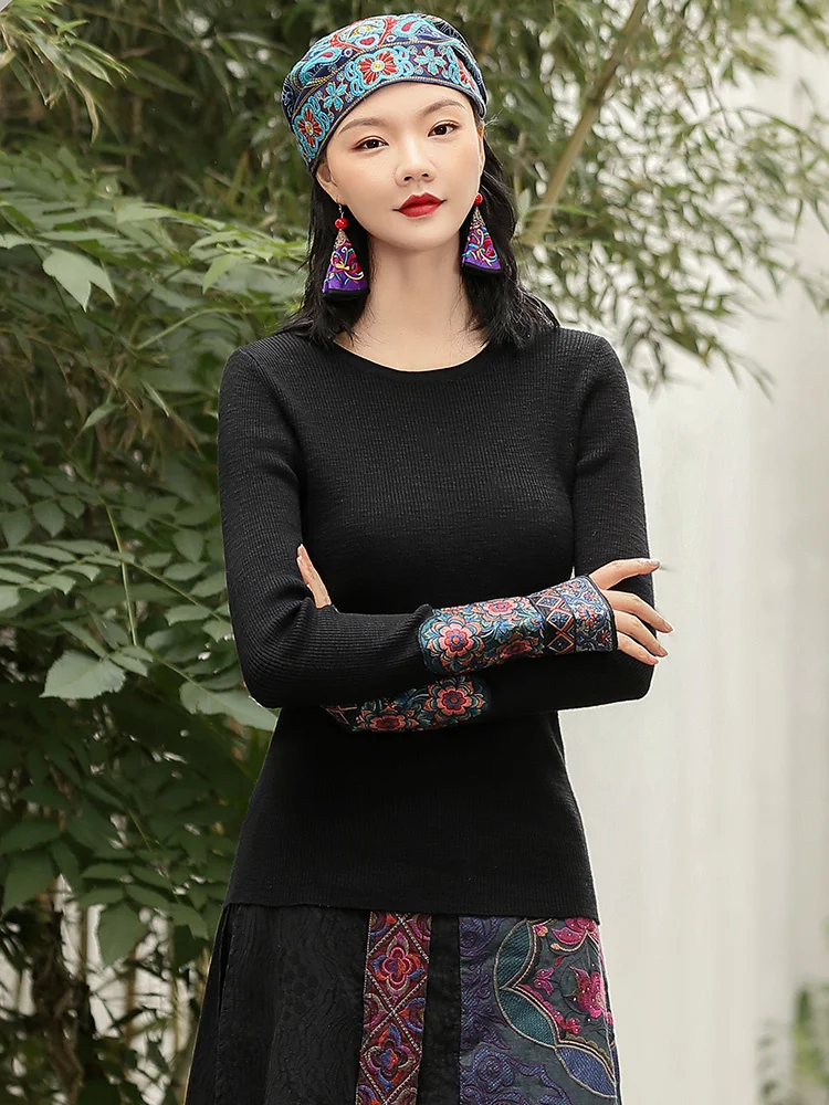 Chinese Vintage Long Sleeves Top Women Slim Black Embroidery Cotton Pullover O-neck National Style Blouse Spring Autumn T-shirt