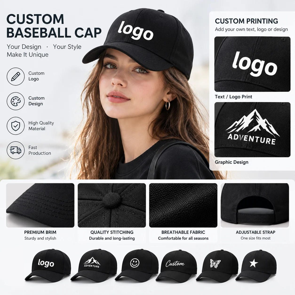 Customized Printed Logo DIY Baseball Cap Unisex Adjustable Men Women Sport Trucker Hat Solid Color Personalized Caps