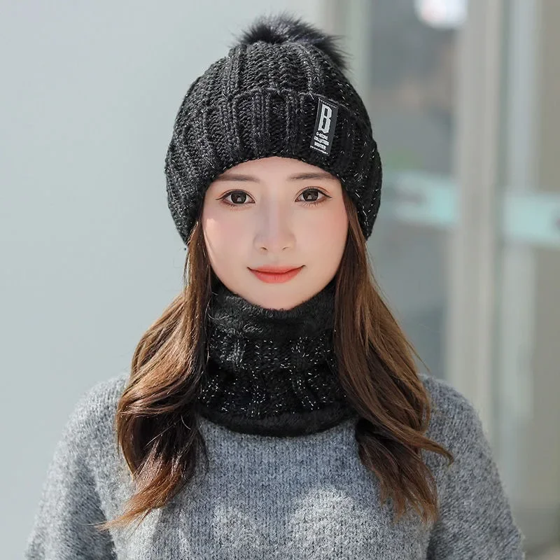 Brand Winter Knitted Scarf Hat Set Thick Warm Skullies Beanies Hats for Women Solid Outdoor Snow Riding Ski Bonnet Caps Girl