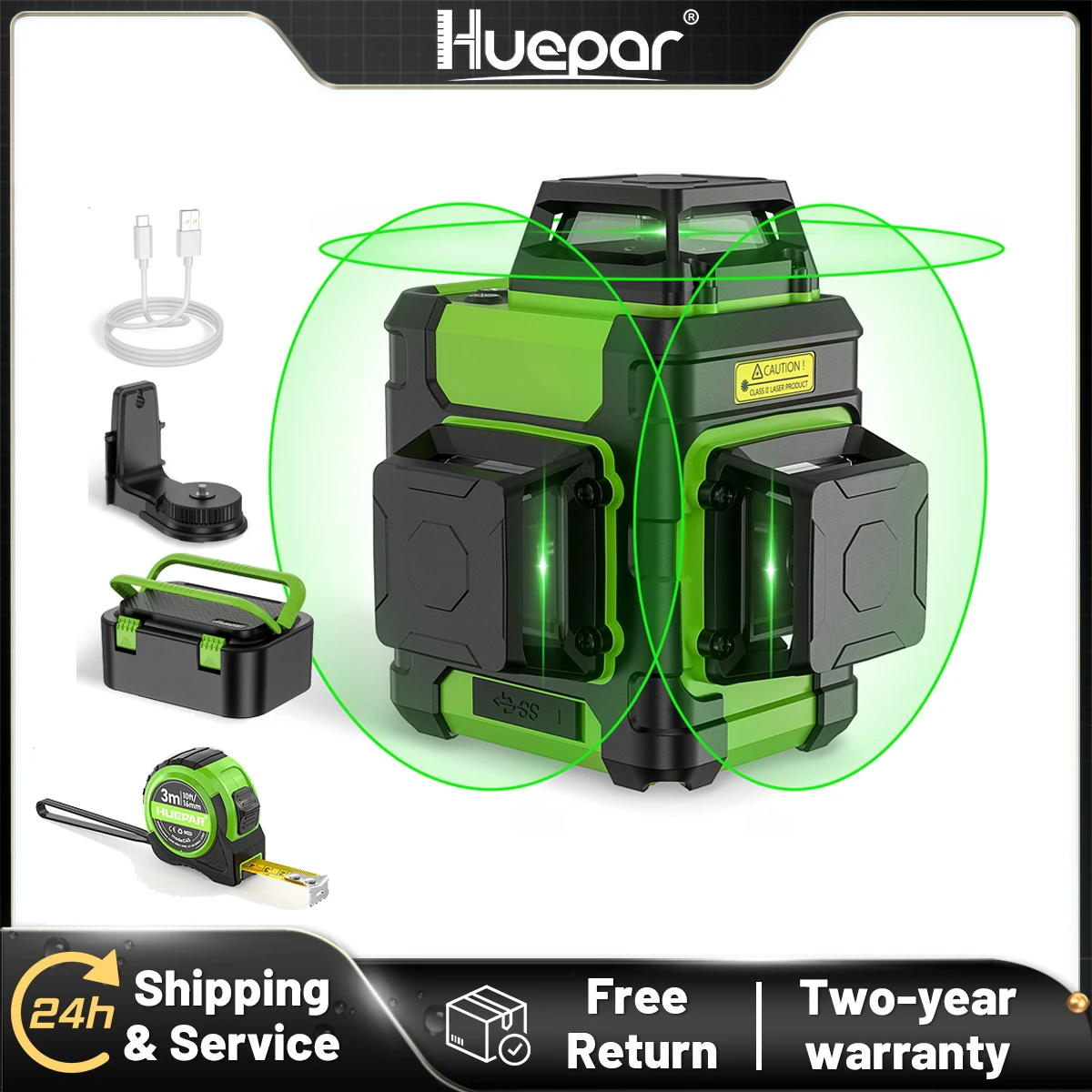 Huepar HM03CGTP רמה לייזר צלב 3D עם סרגל מתקפל קרן ירוקה 12 קווים כלי יישור לייזר עצמי ומארז