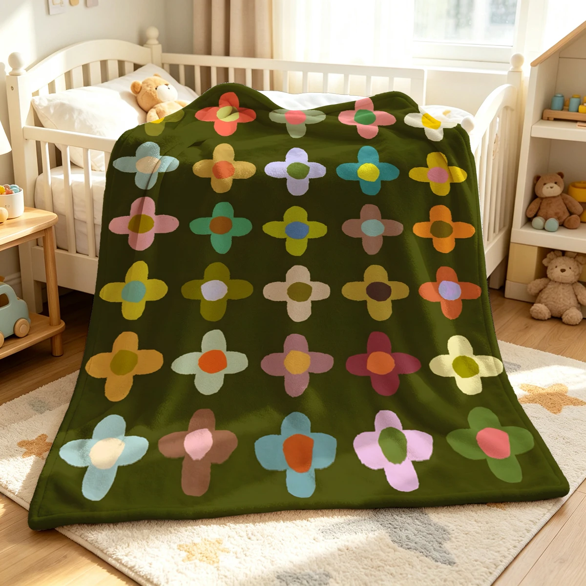 Olive Cross Flowers Soft Fluffy Flannel Blanket Super Cozy Lightweight Bed Blanket for Halloween Sofa Bed Christmas Decor