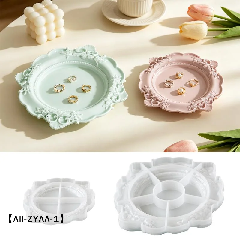 【A】1Pcs Vintage Baroque Relief Silicone Mold Lace Border Floral Tray For DIY Plaster Aroma Dish Jewelry Organizer Holder