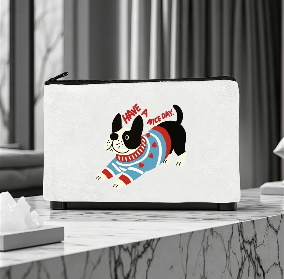 1PC Double-sided Print Canvas Pouch Cute French Bulldog Letter Print Zipper Storage Bag
