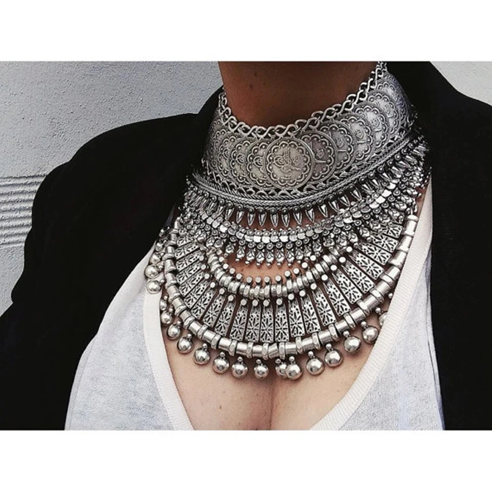 Collares Hippies Bohemios Estilo Gitano para Mujer, Collar Grande y Grueso de Metal Plateado Tibetano, Joyería Turca para Festivales y Fiestas, Regalo