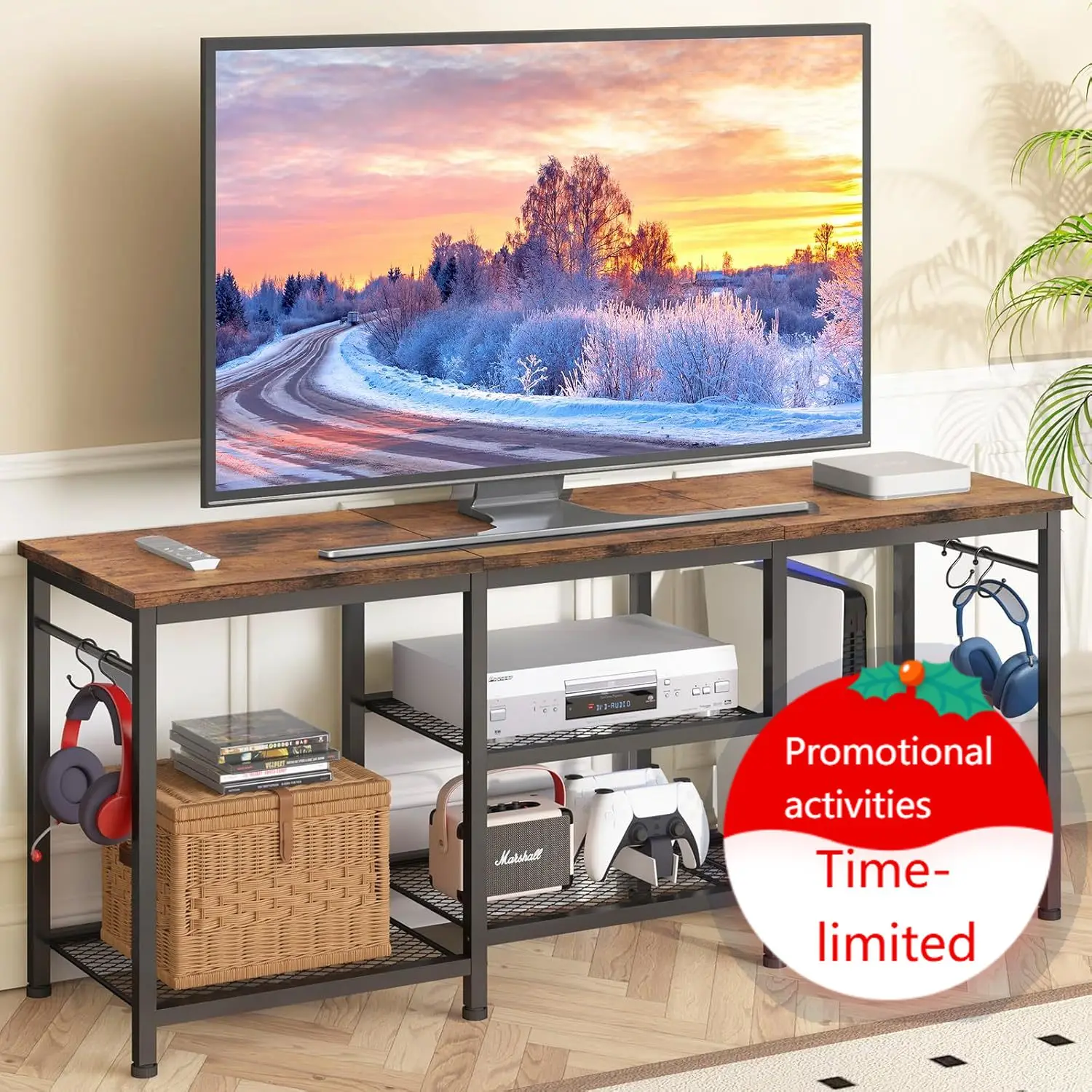 

Подставка под телевизор для гостиной, развлекательный центр для телевизоров до 55 дюймов, медиаконсоль для спальни, деревенский стиль, коричневый цвет