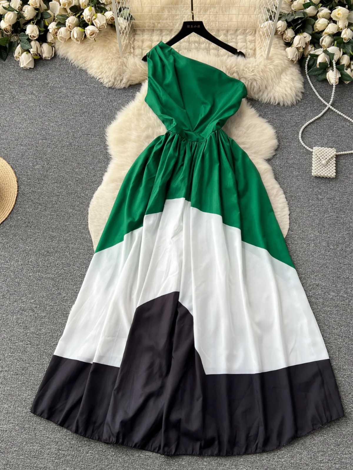 Retro Printed Asymmetrical Collar Dress Women's Summer Waist Cinching Unique Design Sensation Beautiful Midi Skirt