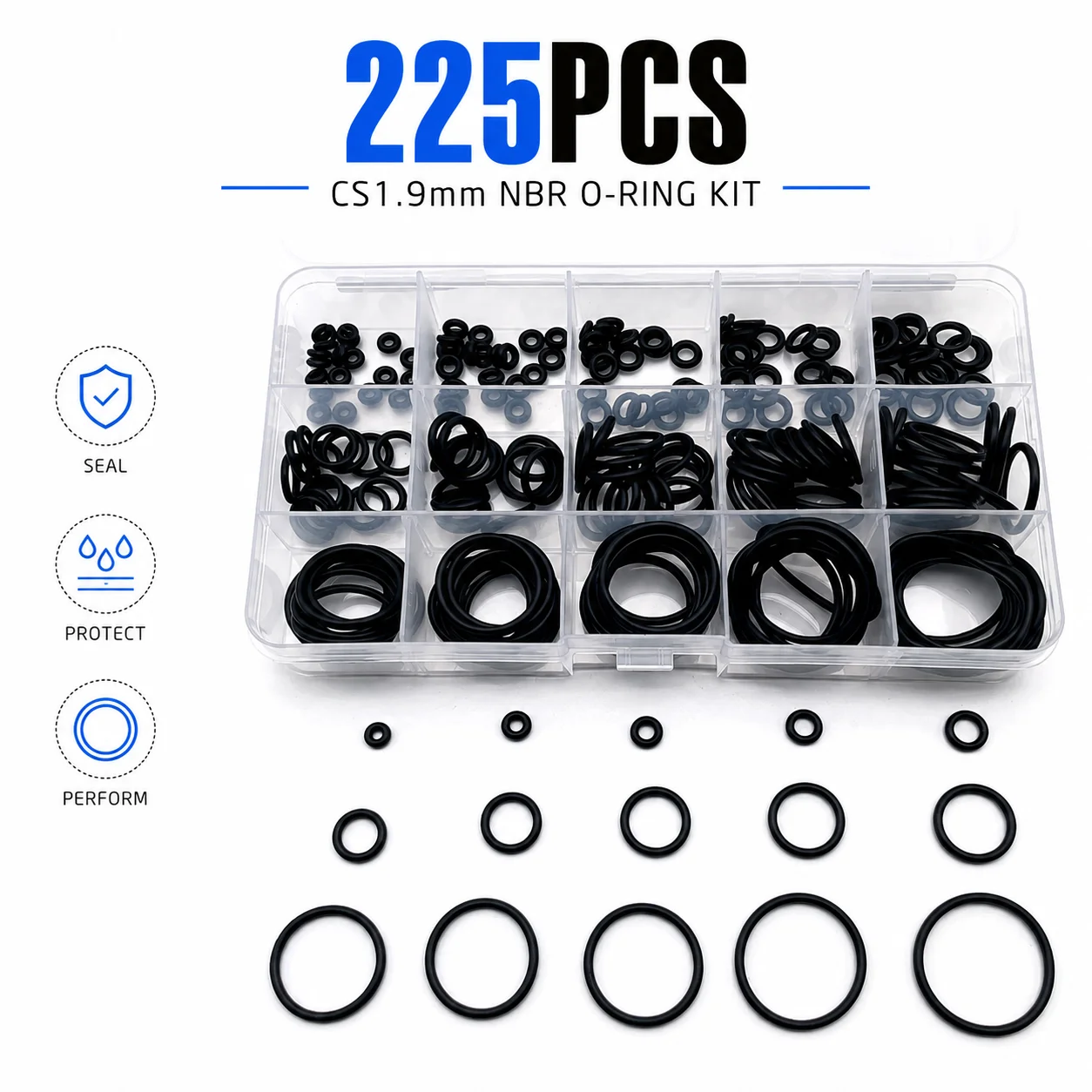225 Pieces Of NBR Nitrile Rubber O-ring, CS 1.9mm Outer Diameter 6-30mm, Multi Specification Boxed To Prevent Oil Leakage