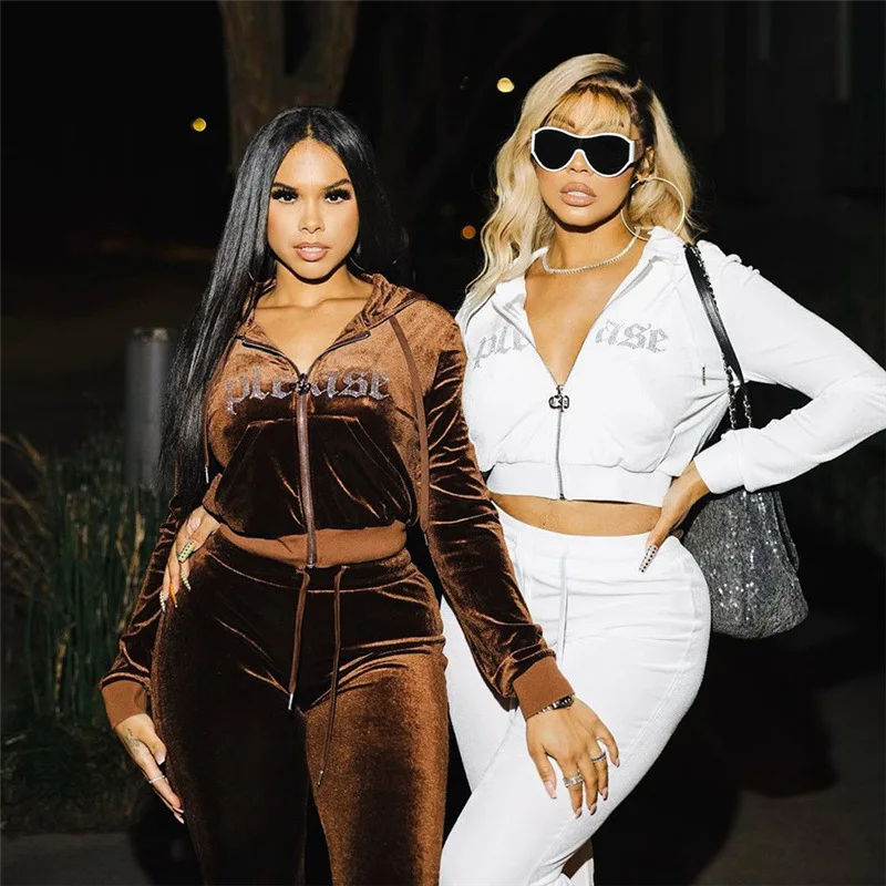 

New 2 Piece Shiny Rhinestones Zipper Jackets Pants Women Velvet Tracksuits Hooded Jacket Drawstring Sweatpants Two Piece Outfits