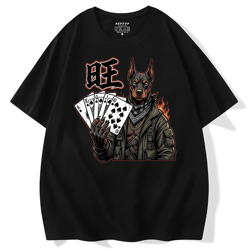 ラッキーピュアコットンロックスタイルテキサスホールデムポーカードッグプリント半袖メンズtシャツ日本製トレンディな大きいサイズ個性派