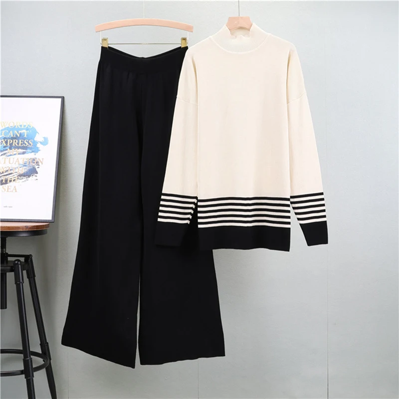 Striped Knit Pullover 2 Piece Sets Women New Half High Collar Sweater Tops Suits High Waist Baggy Wide Leg Sweatpants Ensemble