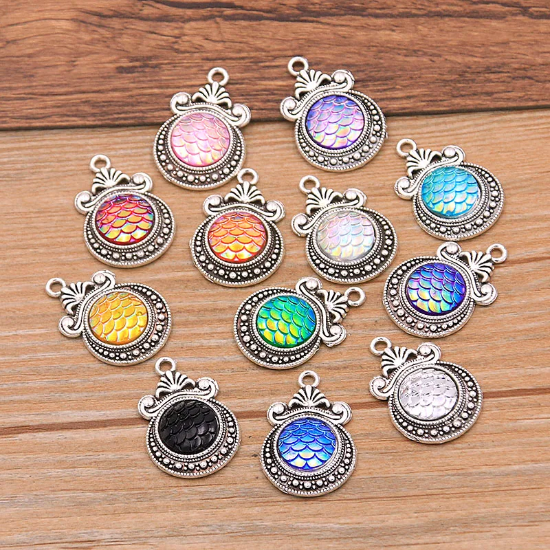 10PCS 19X27mm 12 Color Gradual Scale Charms Round Base Setting Jewelry Metal Alloy DIY Bracelet Earrings Handwork Marking