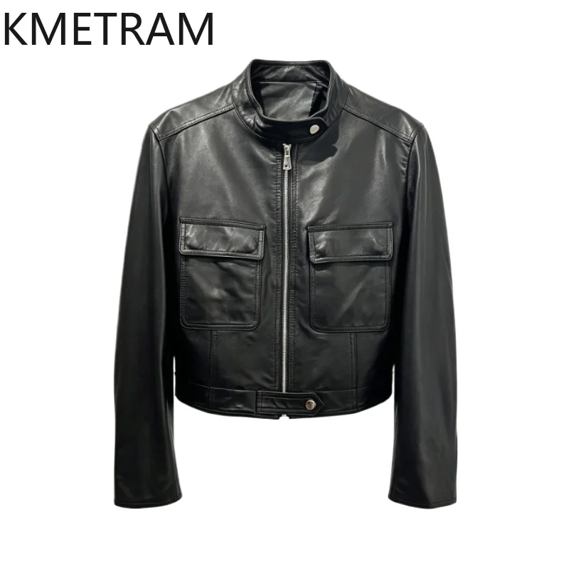 KMETRAM Real Sheepskin Leather Jacket Woman Stand Collar Black Coat Short Motorcycle Jackets 2026 Spring Autumn Women Clothes 자켓