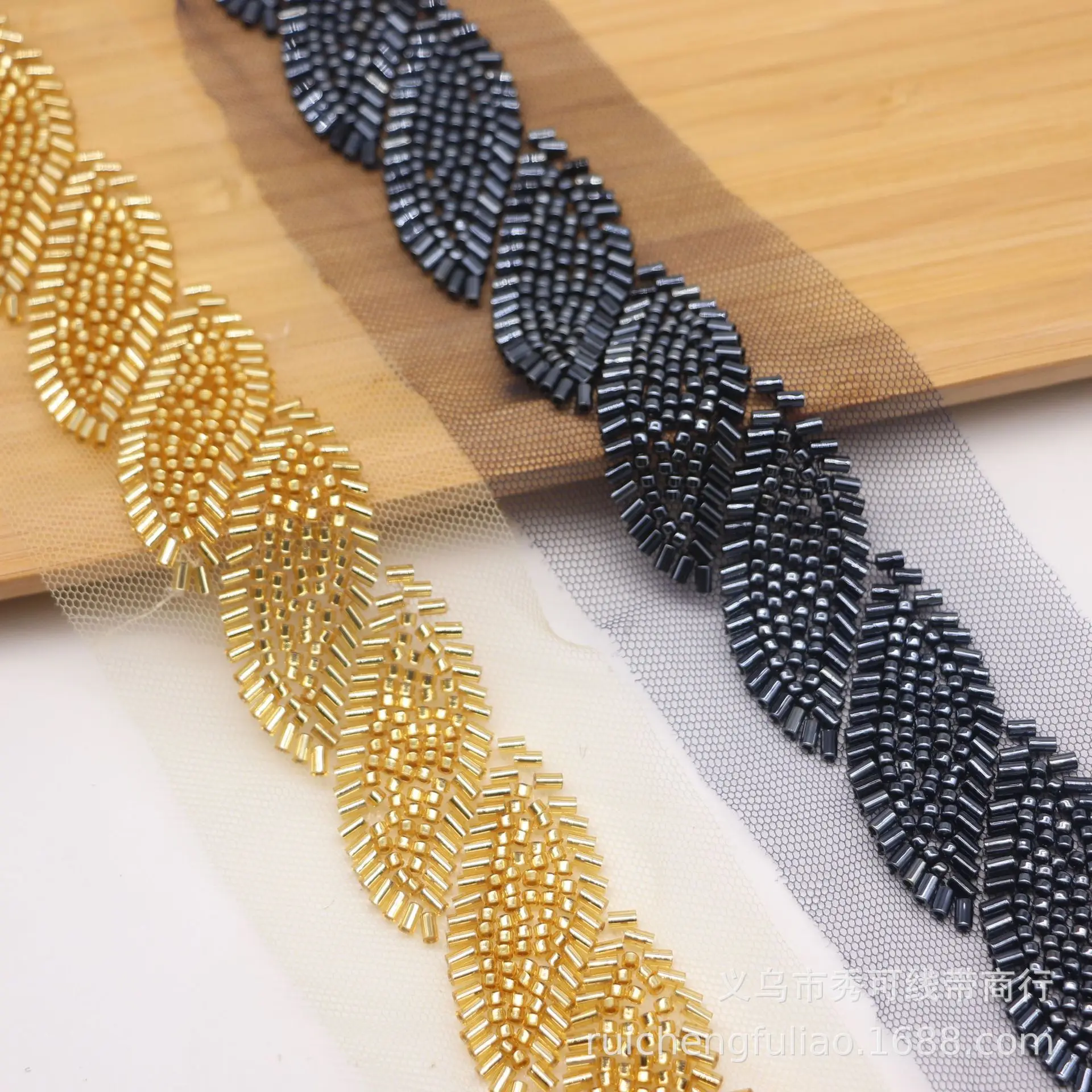 

Leaf Pattern Mesh Heavy Duty Beaded Lace Trim Handmade DIY Coat Collar Cuff Accessories