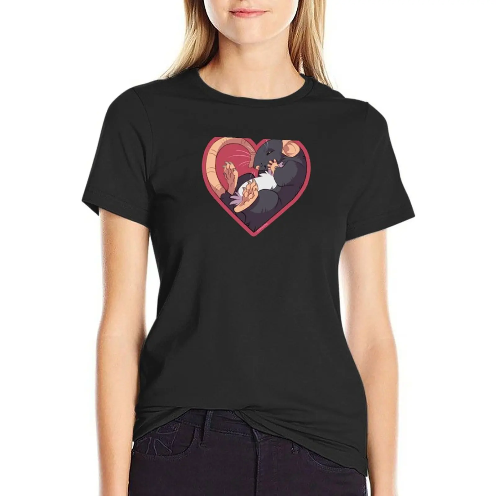 Camiseta negra con corazón de rata para mujer, camisetas de verano, camisetas de manga corta, ropa para mujer