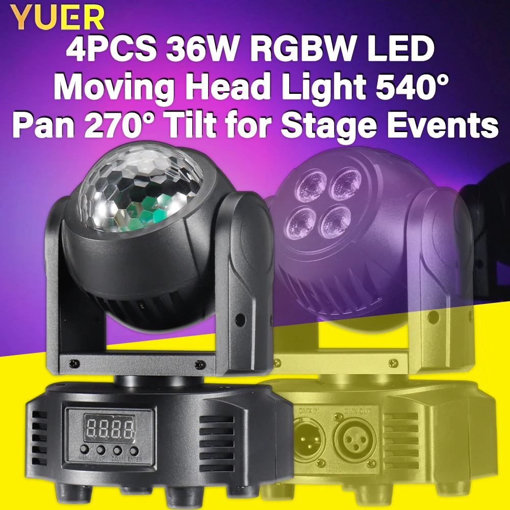 YUER NEW 4PCS RGBW LED Moving Head Light 36W DMX Stage Light for DJ, Concerts,Theaters Party，540° Pan, 270° Tilt, 27° Beam Angle