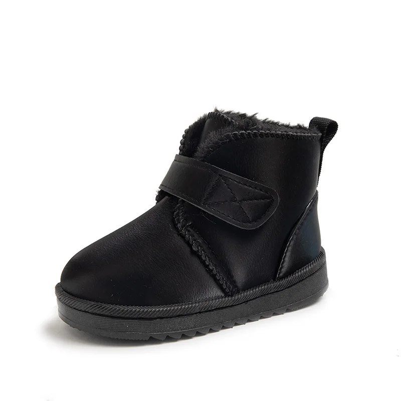 Botas de neve de couro PU infantis, sapatilhas planas, peludas, grossas, sólidas, antiderrapantes, curtas, meninos, meninas, crianças, inverno