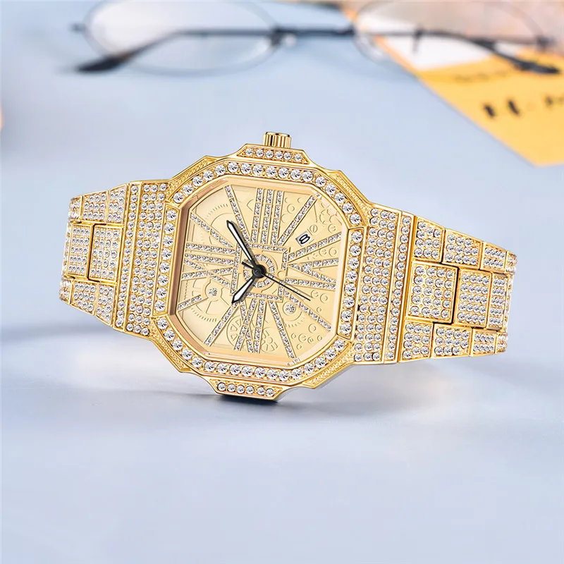 Golden Big Brand Watch For Men Fashion Alloy Band Hip Hop Diamond Calendar Quartz Designer Watches Relogio Masculino Ouro 2024