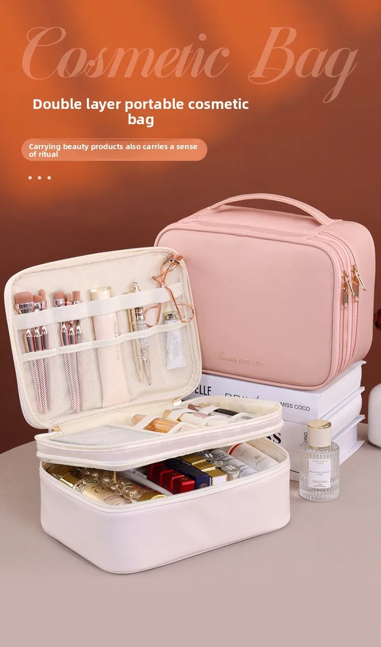Doppelschichtige Handtasche aus PU-Leder für Make-up, Große Kapazität Reise-Kosmetikorganizer, Toilettentasche für Schönheitsprodukte, Damen – Detail 1
