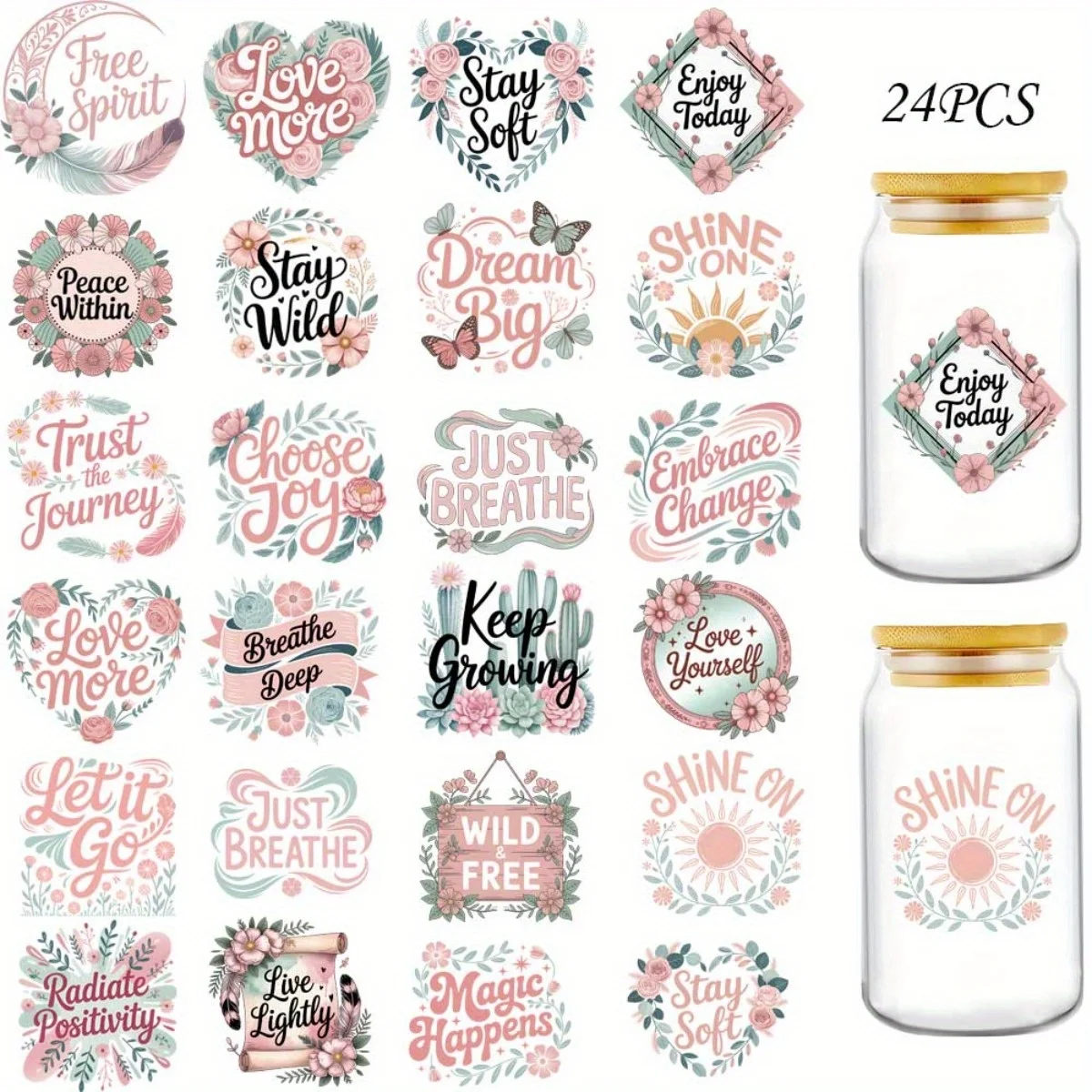 24Pcs/Set Positive Energy Quotes DIY Wrap Stickers Coffee Cups UV DTF Transfers Decor Sticker On Mugs 16OZ Waterproof Sticker