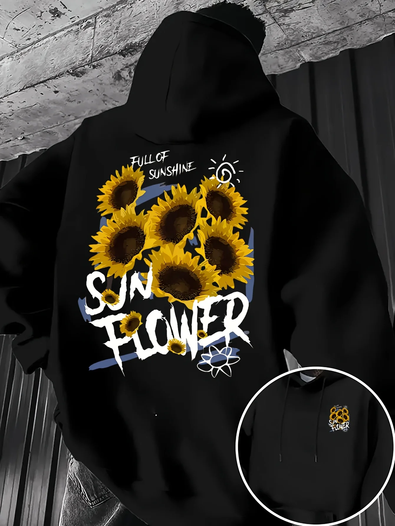 Men's trendy printed hooded fleece sweatshirt for autumn and winter, sunflower print, made of polyester fiber, machine washable