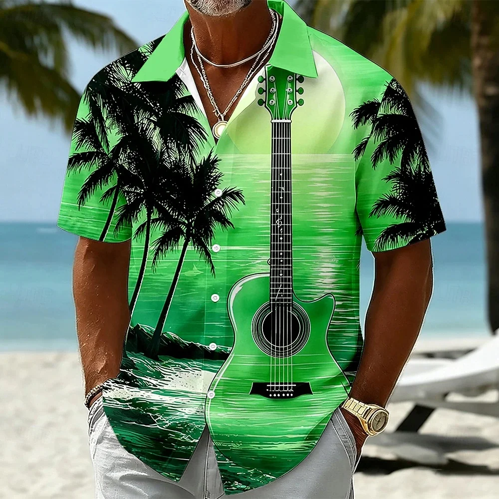 Men's Purple Ocean Sunset Short Sleeved Shirt Acoustic Guitar Palm Tree Seaside Scenery Print Men's Vacation Beach Shirt