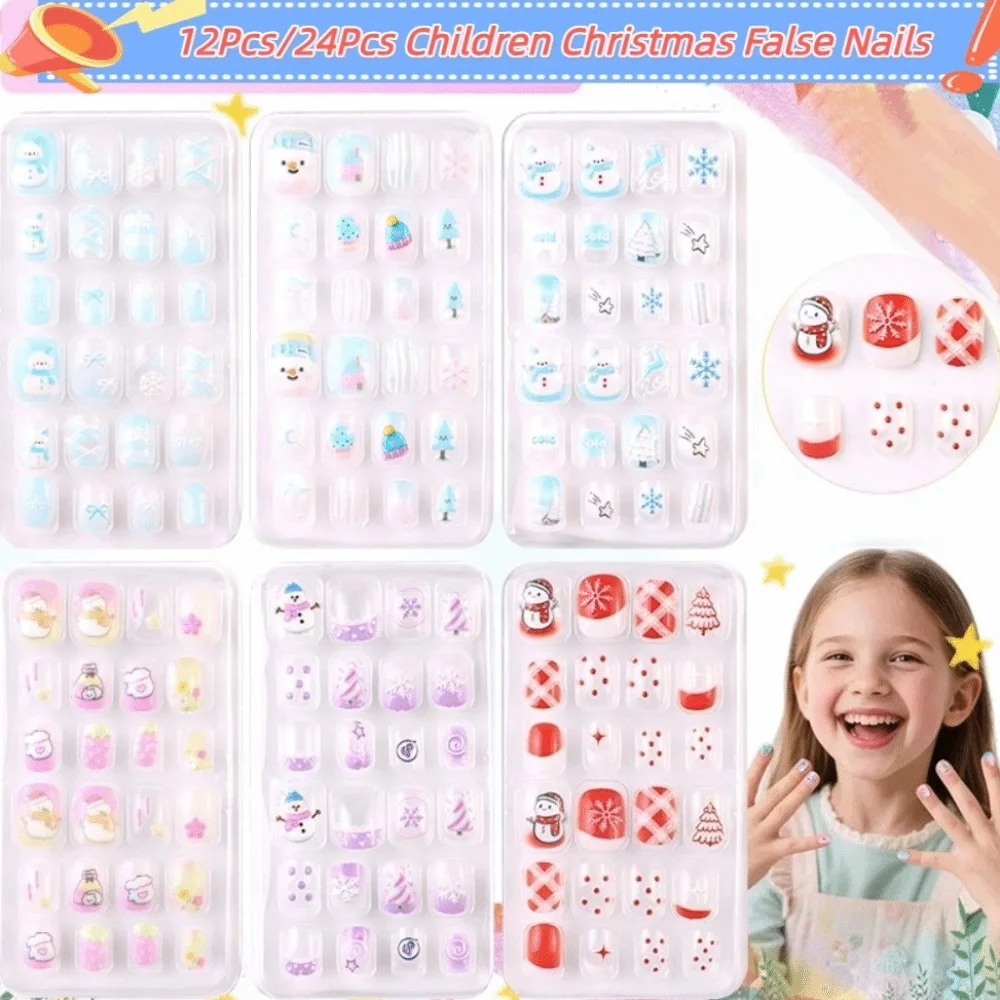 눈송이 눈사람 어린이 크리스마스 가짜 손톱 리본 짧은 사각형 만화 가짜 손톱 풀 커버 네일 팁