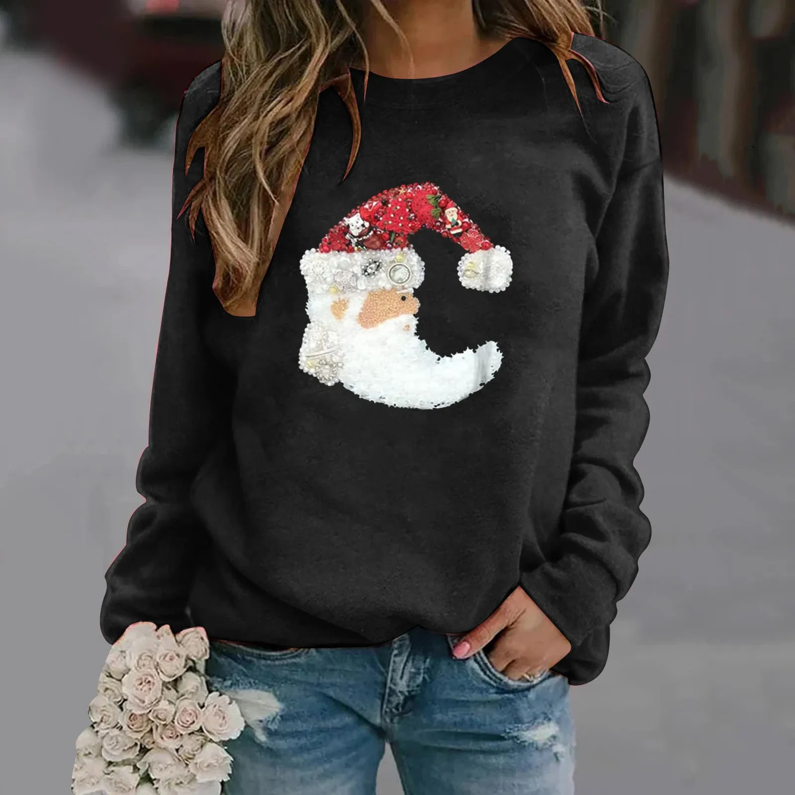 Felpa con stampa di babbo natale girocollo manica lunga perla paillettes decorare pullover top y2k manica lunga senza cappuccio abbigliamento donna