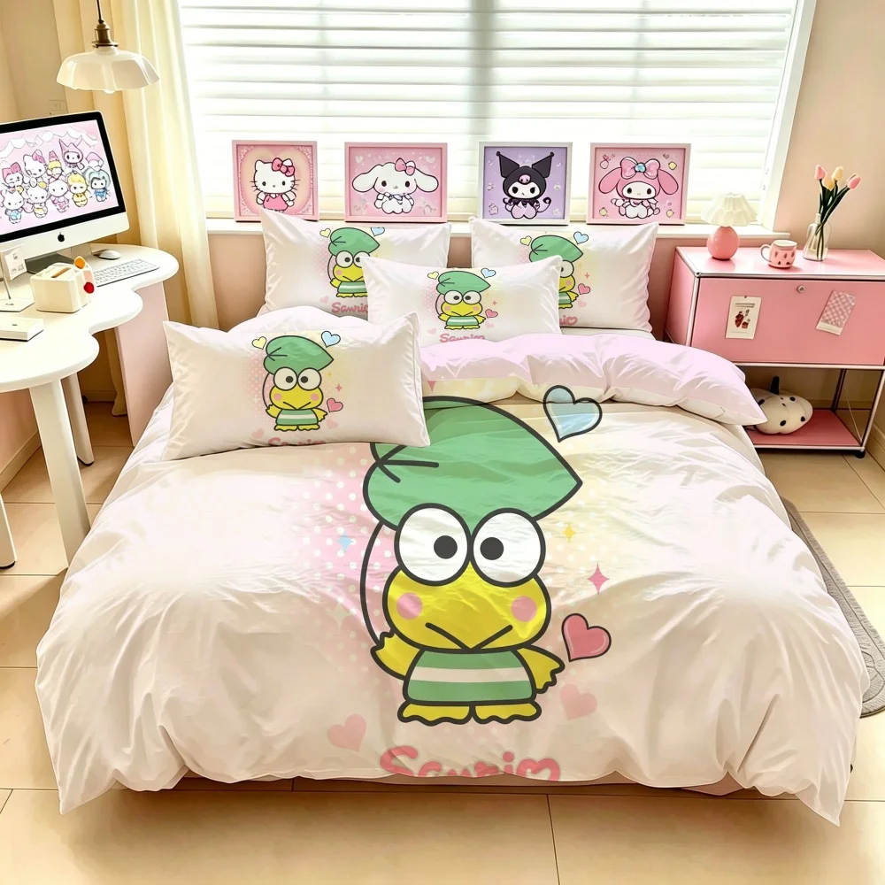 Keroppi Cartoon Duvet Cover Set with Pillowcase, Single Double Queen King Size Bedding, Soft Anime Bedroom Decor for Adults Kids