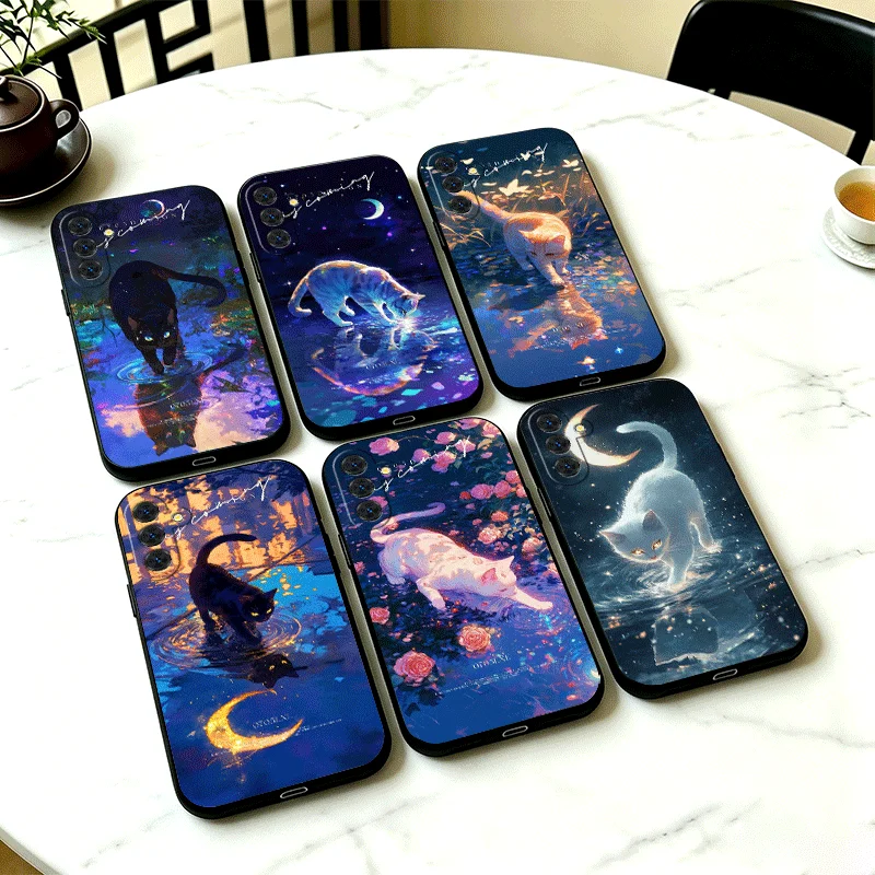 Night Moon Cat Dreamy Art Phone Case Cover for Samsung A13 A14 A15 A16 A17 A53 A54 A55 A56 A57 A33 A34 A35 A36 A37 A23 A24 A25 A