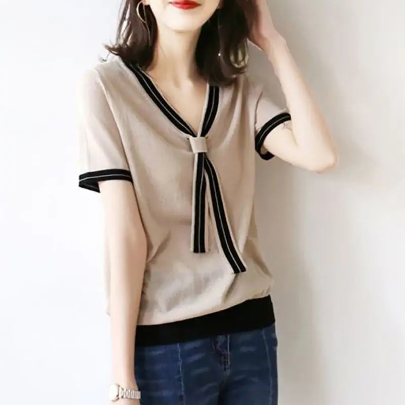 Women Summer Korean New V-neck Ice Silk Pullover Fashion Navy Style Color Block T-shirt Soft Casual Versatile Short Sleeve Tops