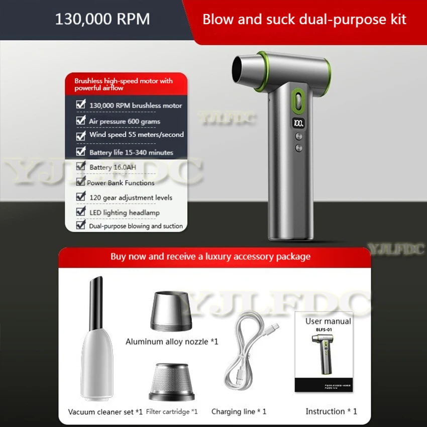 Kipas Jet Turbo Tanpa Sikat 200000RPM Kipas Genggam Kuat Kecepatan Angin Turbo Pengisian Daya Tipe-C Peniup Udara Kuat Kipas Saluran Industri