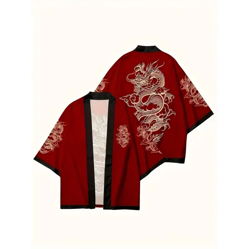 سترة كيمونو مطبوعة بالتنين الأحمر، نمط صيفي كاجوال، كيب Ukiyoe، Harajuku Haori، كيمونو مطبوع رقميًا ثلاثي الأبعاد #1