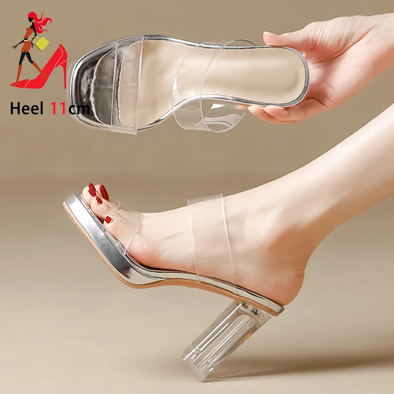 Sexy Transparent Slippers For Women 7CM 9CM 11CM Clear Heels Summer Square Toe Female Shoes 2025 New Thick Platform PVC Sandals