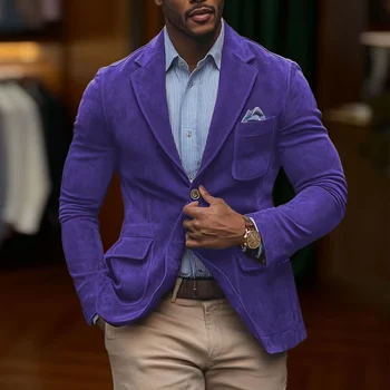 Men's Suede Brown Blazer Vintage Slim Fit Notched Lapel Formal Jacket High Quality Flap Pocket Sport Coat For Business Casual 8