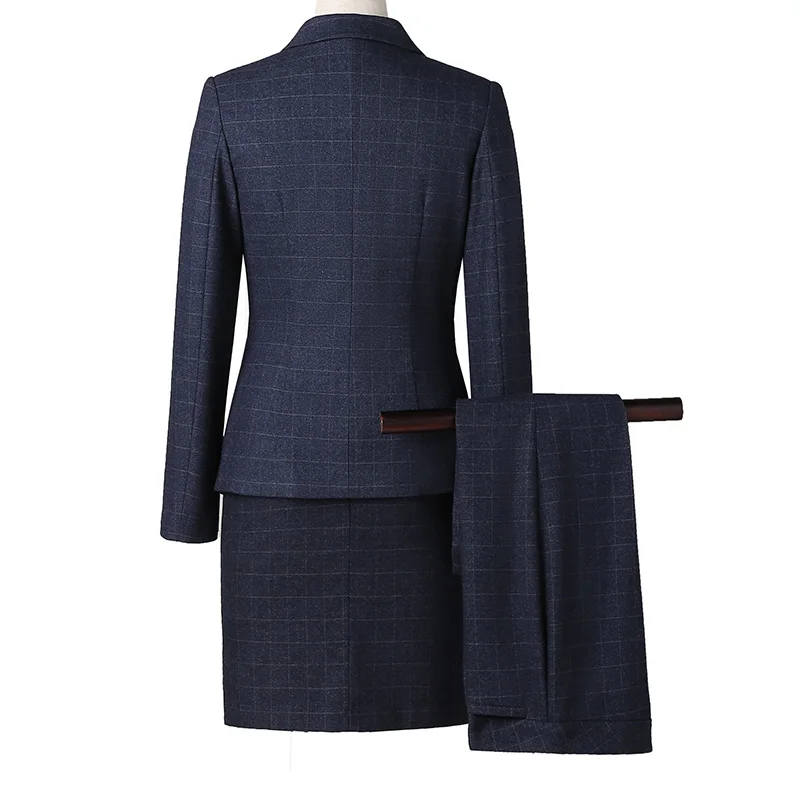 Lenshin 4 Piece Plaid Set Office Ladies Blazer Vest Pant Skirt Suit Uniform Designs Women Business Suits for work Formal Wear