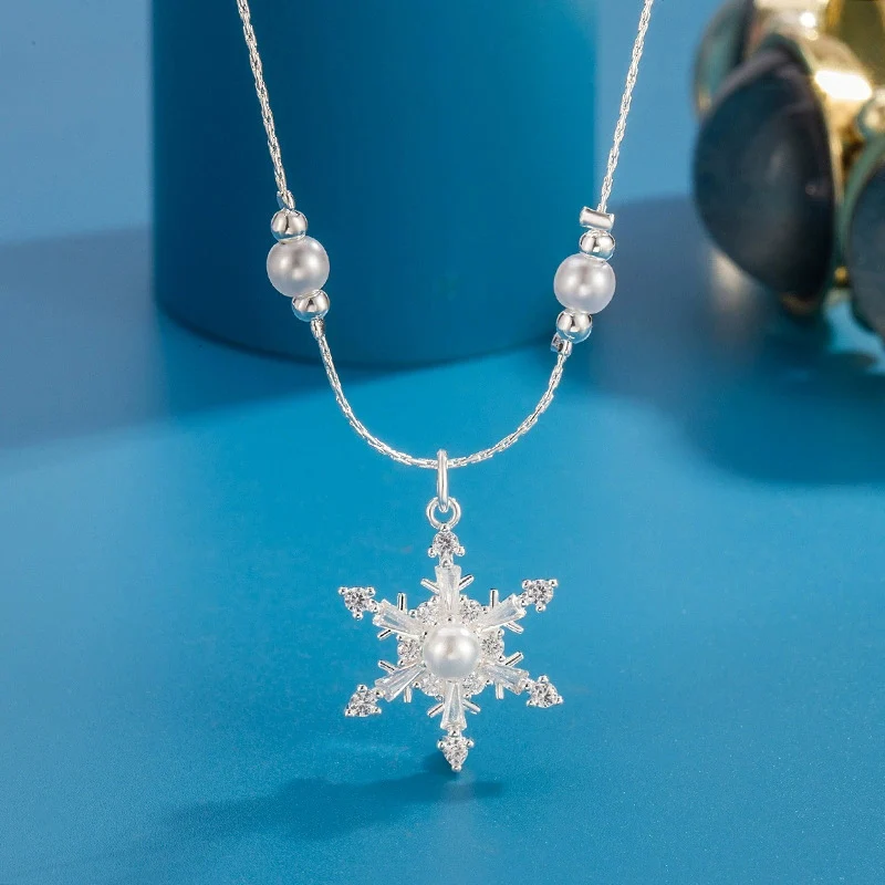 Temperament Snowflake Zircon Necklace for Women Light Luxury and High-end Exquisite Pearl Sweater Chain 925 Silver Jewelry