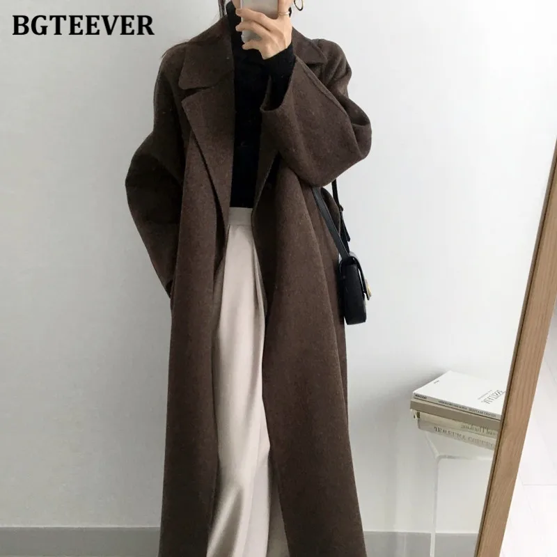 

BGTEEVER Chic Elegant Thick Warm Ladies Woolen Overcoats Winter Outwear Long Sleeve Loose Pockets Female Lace-up Blend Jackets