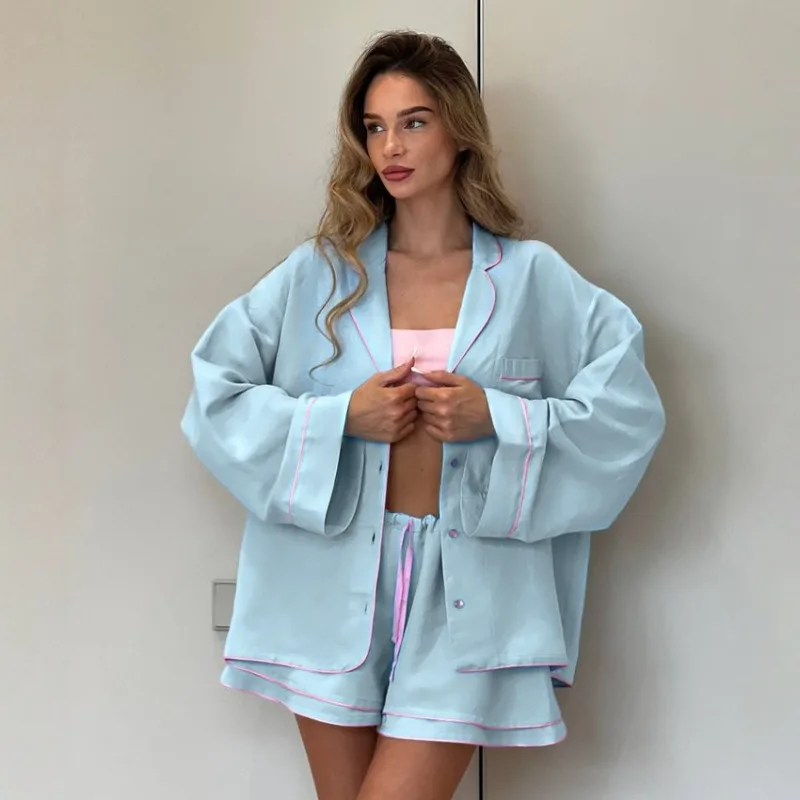 2026 Spring Summer New Pure Cotton Comfortable Cardigan Shorts Two-piece Pajamas European and American Foreign Trade Loungewear