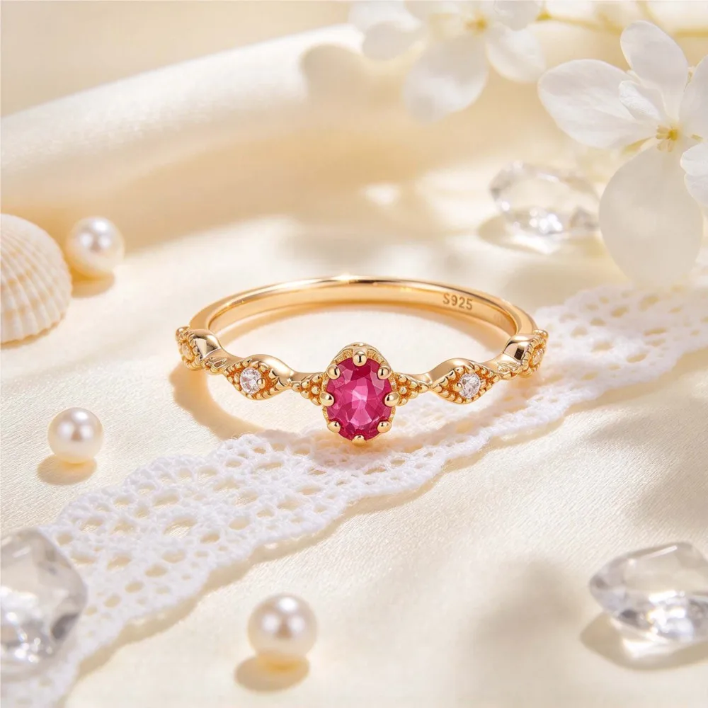 LAMOON Natural Gemstone Ruby Rings For Women 925 Sterling Silver Gold Plated Elegant Fine Jewelry Engagement Wedding Accessories