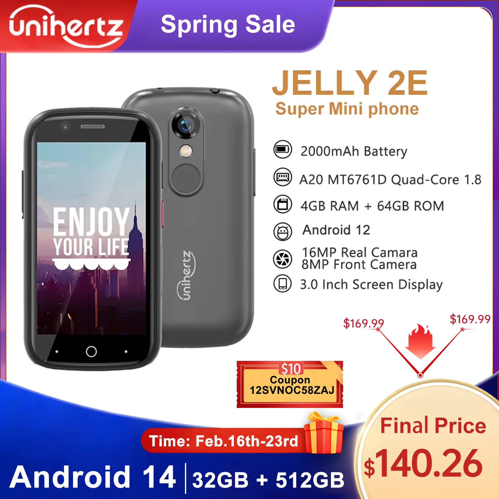 Unihertz Jelly 2e Mini Smartphone Android 12 Ontgrendeld 4Gb 64Gb Mobiele Telefoon 2000Mah 16mp 4G Mobiele Telefoons