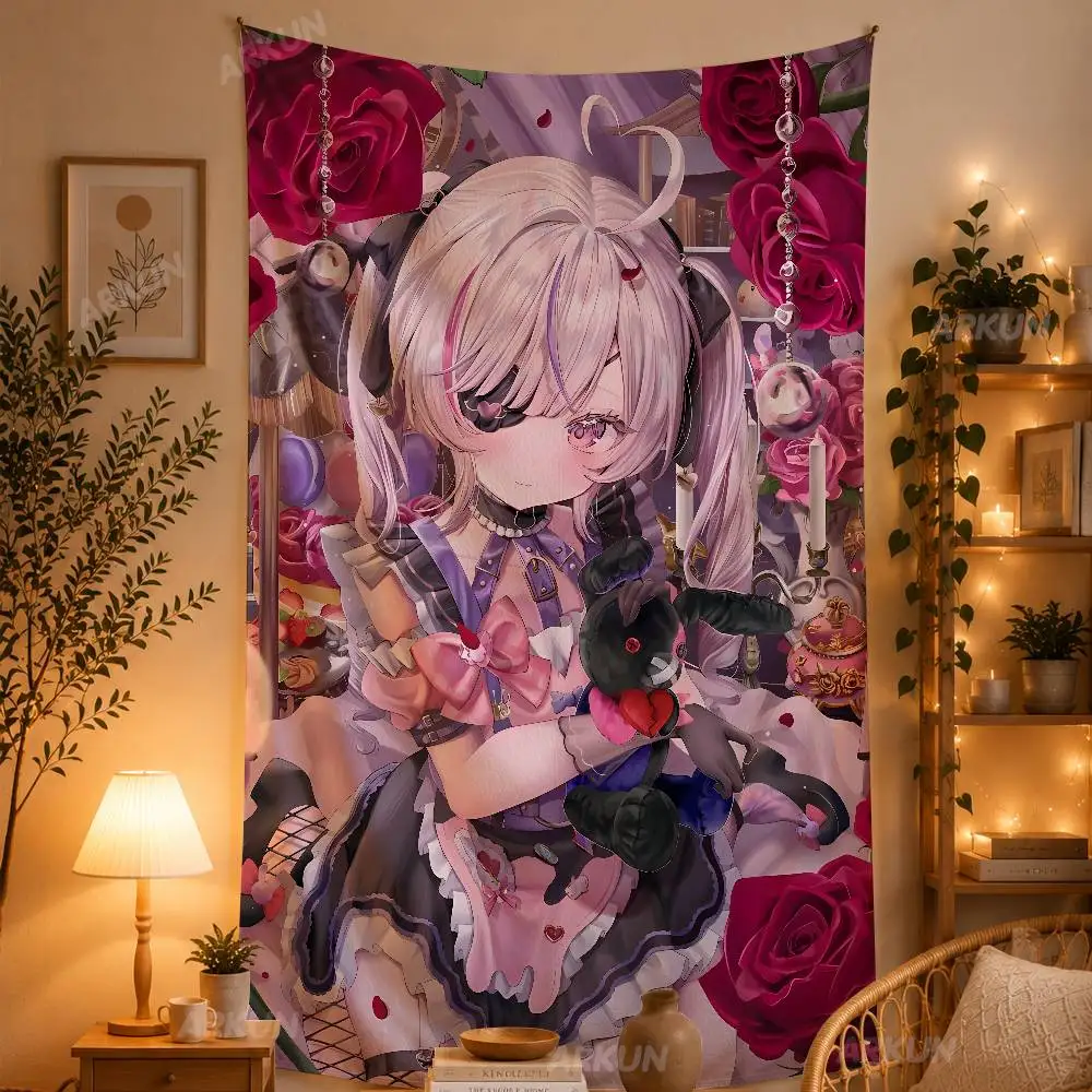 Sweet Gothic Anime Girl Tapestry, Red Rose Floral Dark Lolita Maiden Wall Hanging, Romantic Vintage Rose Bouquet Decor